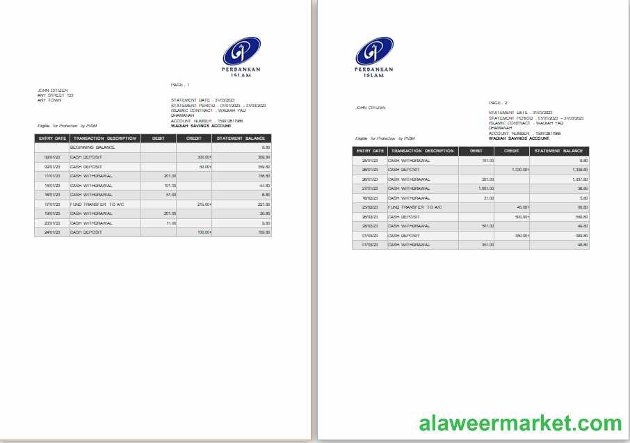 Malaysia Perbankan Islam bank statement Word and PDF tmplate
